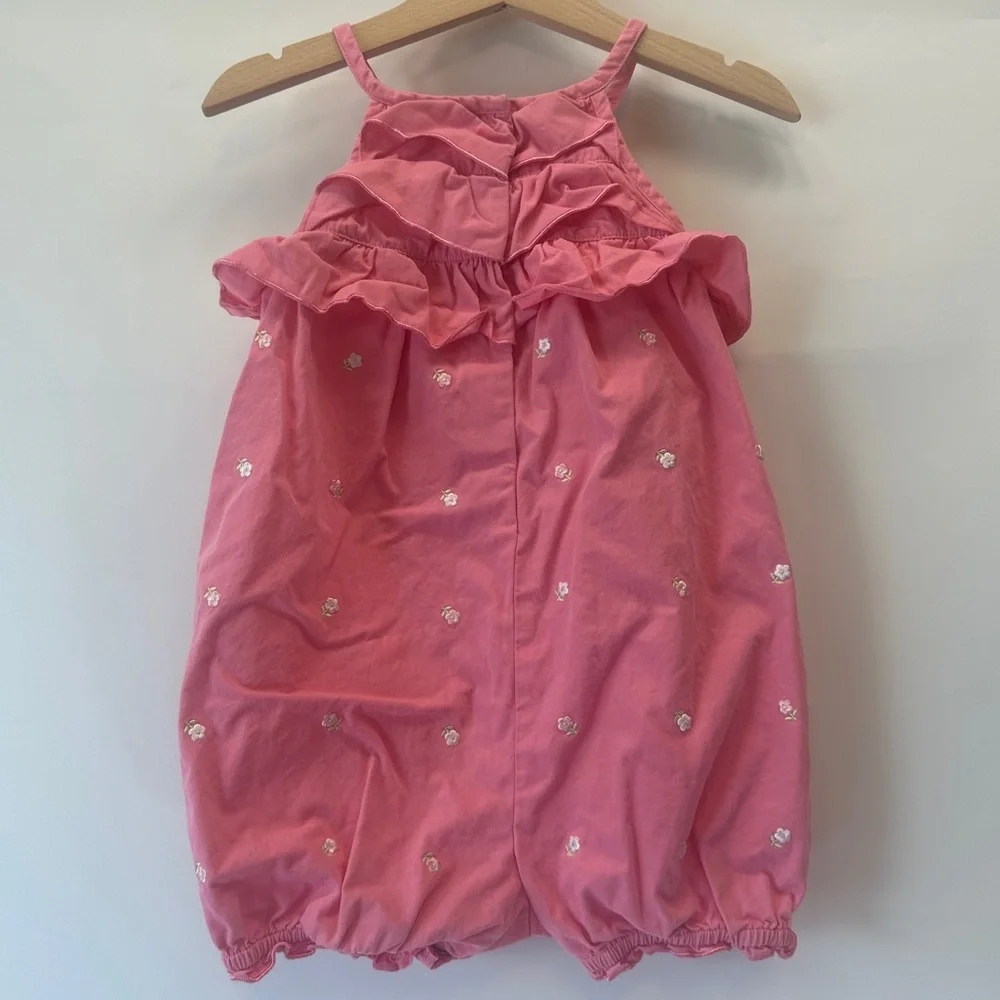 VTG Gymboree 18-24 MOS Romper Pink Embroidered Flower Ruffle Tank One Piece 2002